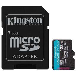KINGSTON Карта памяти microSDXC UHS-I U3 Canvas Go Plus 128 ГБ, 200 МБ/с, Class 10, SDCG4/128GB, 1 шт., переходник SD