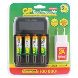 GP Аккумулятор + зарядное устройство PowerBank 270AAHCMHSPBA-2CR4 AA NiMH 2700mAh (4шт) блистер