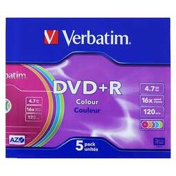 VERBATIM Оптический диск DVD+R 4.7ГБ 16x, 5шт., slim case, разноцветные [43556]