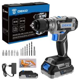 DEKO DKCD20V ONE + в кейсе + набор 63 инструмента для дома, 20В, 2x2.0Ач 083-1038