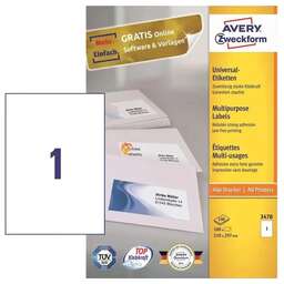 AVERY ZWECKFORM Этикетки 3478, A4, универсальная, 100л, 70г/м2, белый, 297мм х 210мм, 1шт, покрытие матовое