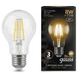GAUSS Лампа филам. Filament A60 8Вт цок.:E27 груша 220B св.свеч.бел.теп. (упак.:1шт) (102802108)