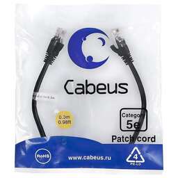 CABEUS Патч-корд PC-UTP-RJ45-Cat.5e-0.3m-BK-LSZH U/UTP RJ-45 вил.-вилка RJ-45 кат.5E 0.3м черный LSZH