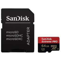 SANDISK Карта памяти microSDXC UHS-I U3 Extreme Pro 64 ГБ, 200 МБ/с, Class 10, SDSQXCU-064G-GN6MA, 1 шт., переходник SD