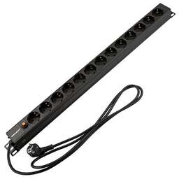 REXANT Блок распределения питания PDU вертикальный 13 розеток СЕЕ 7/4 Schuko 16A фильтр без выкл алюм корп шнур 2м вилка СЕЕ 7/7 Schuko черный