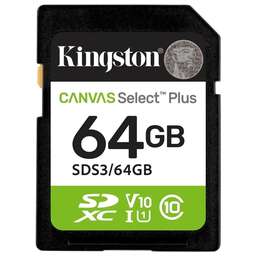 KINGSTON Карта памяти SDXC UHS-I U1 Canvas Select Plus 64 ГБ, 100 МБ/с, Class 10, SDS3/64GB, 1 шт., без адаптера