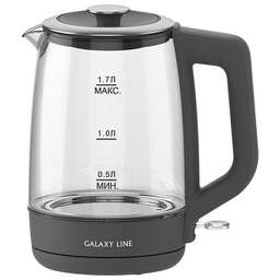 GALAXY LINE Чайник электрический GL 0568, черный, стекло, 2200 Вт, 1,7 л, LED-подсветка, контроллер Strix, фильтр из нержавеющей стали, съемная крышка для удобства наполнения и очистки, указатель уровня воды, скрытый нагревательный элемент, автоотключение
