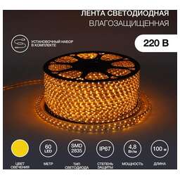 NEON-NIGHT Лента светодиодная 220В, SMD2835, 4,8Вт/м, 60 LED/м, Желтый, 10х7мм, 100м, с кабелем питания, IP67