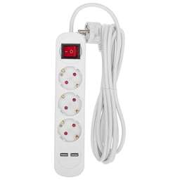 REXANT Удлинитель STANDARD 3 гнезда, 3м, 3х1,0мм², с/з, с выключателем, 2 USB, белый