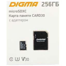 DIGMA Карта памяти microSDXC UHS-I U3 256 ГБ, 90 МБ/с, Class 10, CARD30, 1 шт., переходник SD [dgfca256a03]